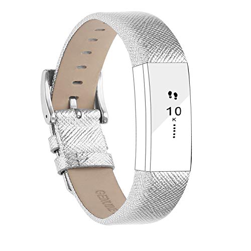 Book Cover POY Replacement Bands Compatible for Fitbit Alta and Fitbit Alta HR, Genuine Leather Wristbands, Silver