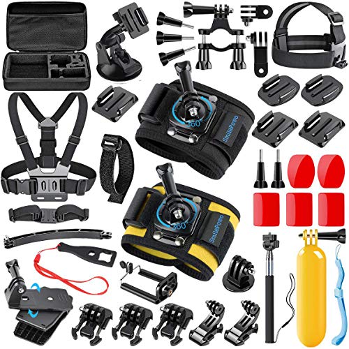 SmilePowo 42 in 1 Accessory Kit Sports Action Camera for GoPro Hero 7 6 5 4 3 2 1 Black Sliver Hero 2018 Fusion Session AKASO SJCAM APEMAN Campark DJI OSMO, Bike Handlebar Mount, Two Wrist Strap