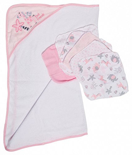 Book Cover Little Beginnings Zoo Print Hooded Towel and Washcloths Gift Set, Pink