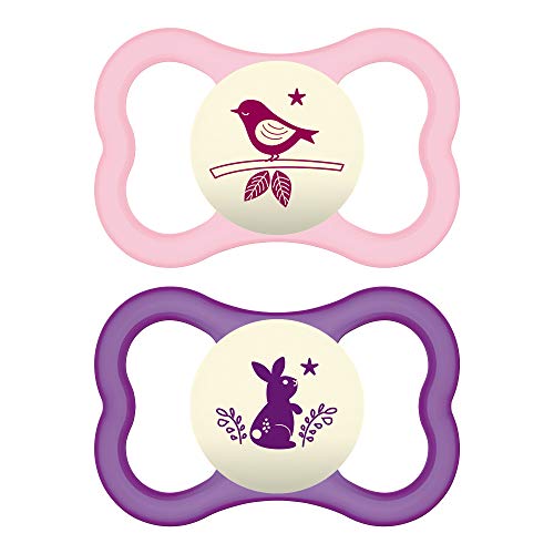 Book Cover MAM Glow in The Dark Sensitive Skin Pacifiers, Baby Pacifier 6+ Months, Best Pacifier for Breastfed Babies, Air Night' Design Collection, Girl 2-Count
