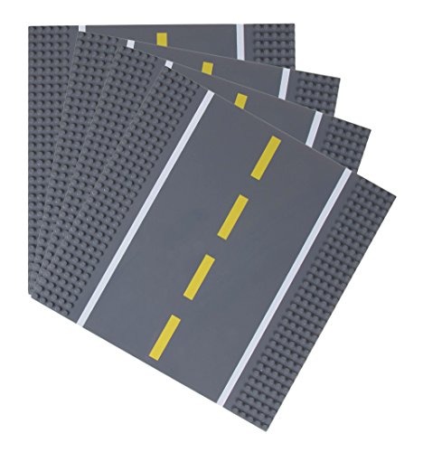 Strictly Briks Premium 10" x 10" Gray Straight Road Base Plate - Set of 4 Stackable Baseplates - Compatible with All Major Brands