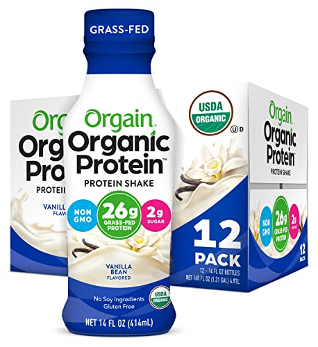 Orgain Organic 26g Grass Fed Whey Protein Shake, Vanilla Bean - Meal Replacement, Ready to Drink, Low Net Carbs, No Sugar Added, Gluten Free, Non-GMO, 14 Fl Oz (Pack of 12) (Packaging May Vary)