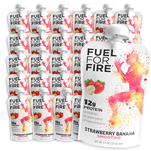 Fuel For Fire - Strawberry Banana (24 Pack) Fruit & Protein Smoothie Squeeze Pouch | Perfect for Workouts, Kids, Snacking - Gluten Free, Soy Free, Kosher (4.5 ounce pouches)