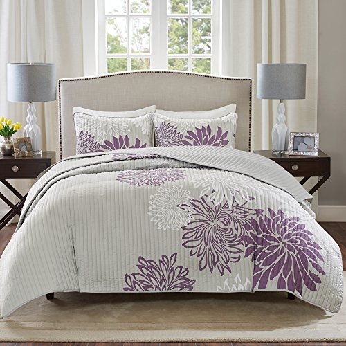 Book Cover Comfort Spaces CS14-0066 Enya 3 Piece Quilt Coverlet Bedspread Ultra Soft Floral Printed Pattern Bedding Set, King, Purple-Grey