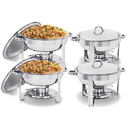 Super Deal Pack of 4 Full Size Round Chafing Dish 5 Quart Stainless Steel Dinner Serving Buffer Warmer Set Tray Buffet Catering