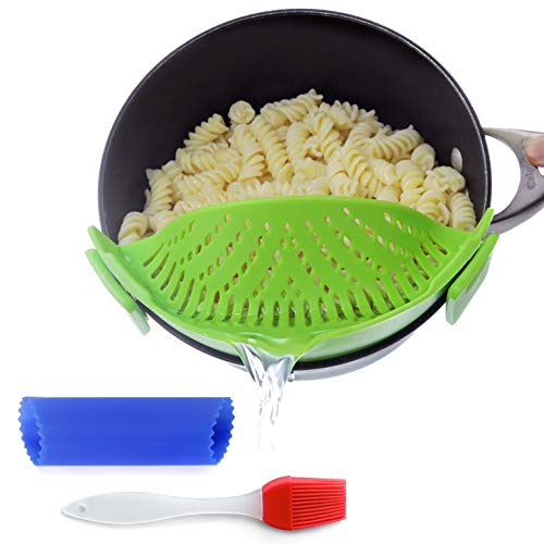 Book Cover Clip-On Kitchen Food Strainer for Spaghetti, Pasta, & Ground Beef Grease, Colander & Sieve Snaps on Bowls, Pots and Pans, Set includes Silicone Strainer, Brush & Garlic Peeler by Salbree (Green)