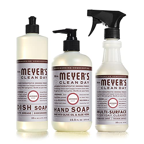 Book Cover Mrs. Meyer's Clean Day Kitchen Essentials Set, Includes: Hand Soap, Dish Soap, and Multi-Surface Cleaner, Lavender Scent, 3 Count Pack
