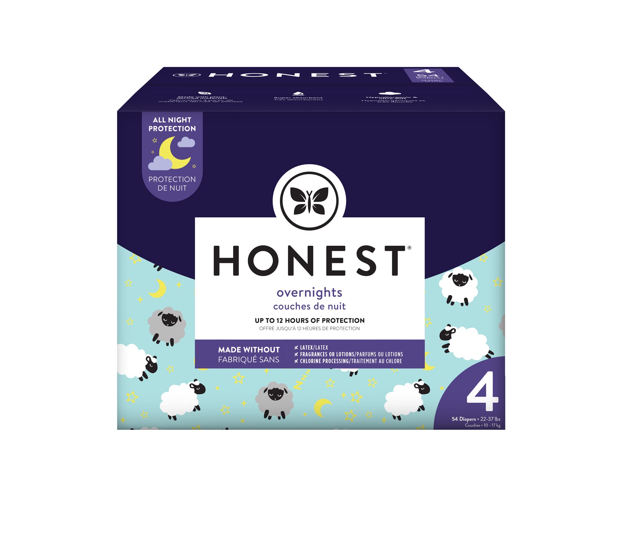 Book Cover The Honest Company Clean Conscious Overnight Diapers | Plant-Based, Sustainable | Sleepy Sheep | Club Box, Size 4 (22-37 lbs), 54 Count Size 4 Sleepy Sheep
