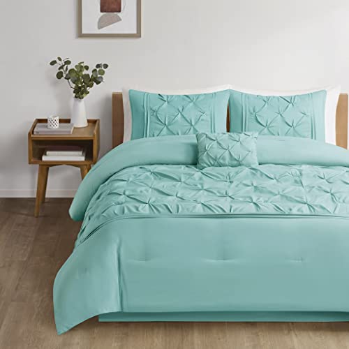 Book Cover Comfort Spaces Cavoy Comforter Set - Luxe Diamond Tufting, All Season Bedding, Matching Bed Skirt, Decorative Pillows, Queen, Faux Silk Aqua 5 Piece