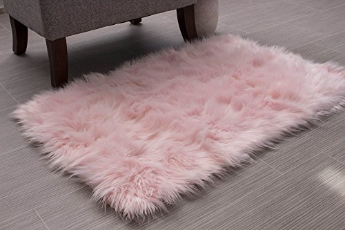 Super Area Rugs Soft Faux Fur Sheepskin Shag Silky Rug Baby Nursery Childrens Room Rug Light Pink, 2' x 3'