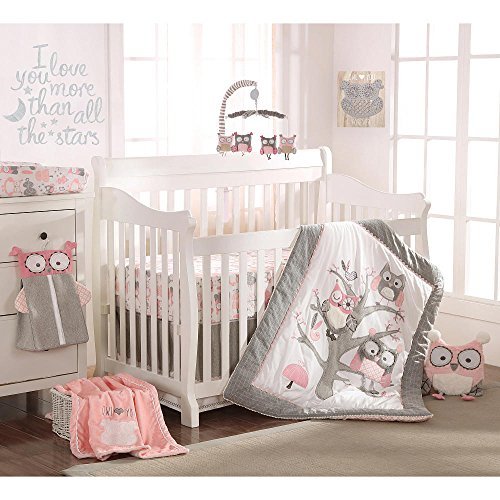 Book Cover Levtex Baby Night Owl Pink 5 Piece Crib Bedding Set, Quilt, 100% Cotton Crib Fitted Sheet, 3-tiered Dust Ruffle, Diaper Stacker and Large Wall Decals