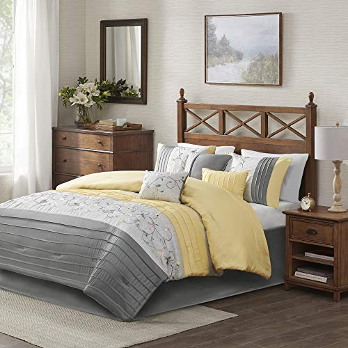 Madison Park Serene Faux Silk Comforter Floral Embroidery Design All Season Set, Matching Bed Skirt, Decorative Pillows, California King (104 in x 92 in), Yellow 7 Piece