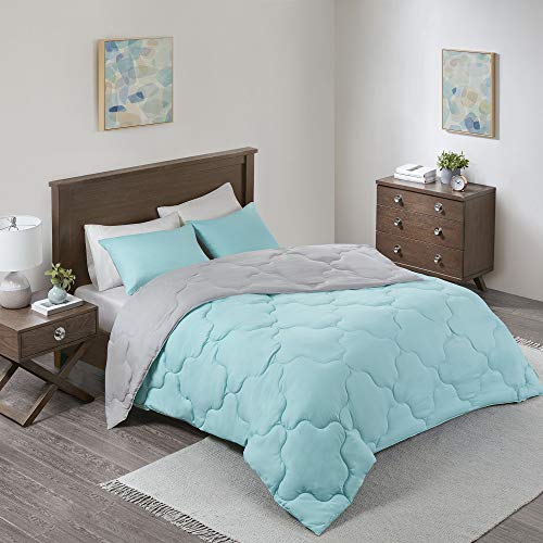 Comfort Spaces Vixie Comforter Set-Modern Geometric Quaterfoil Cloud Quilted Design All Season Down Alternative Bedding, Matching Shams, Twin/Twin XL (66"x90"), Microfiler Reversible Aqua/Light Gray