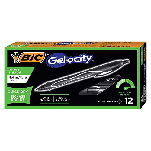 BIC Gel-ocity Quick Dry Retractable Gel Pen, Medium Point (0.7mm), Black, 12-Count