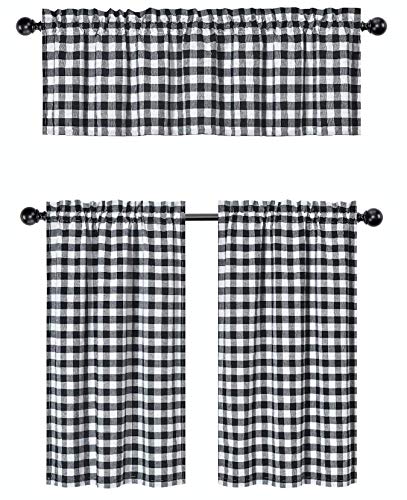 3 Pc. Plaid Country Chic Cotton Blend Kitchen Curtain Tier & Valance Set - Assorted Colors (Black)