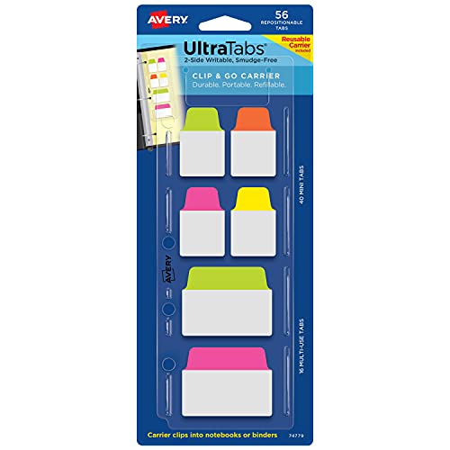 Avery Ultra Tabs Refillable Clip & Go Carrier, Assorted Neon Colors, Pack of 56 Repositionable Tabs (74779)