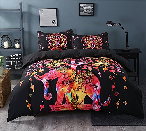 Sleepwish Super Soft Duvet Cover Set with 2 Pillow Shams,Elephant Mandala Pattern,Bohemia Exotic Patterns Design (Queen, Black Cool)