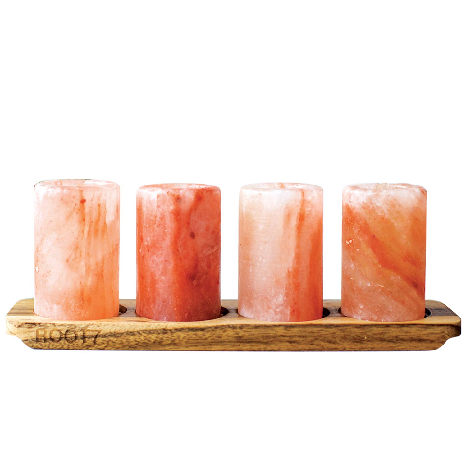 Himalayan Salt Shot Glasses 4 Pack With Acacia Wood Serving Board from Root7. Ethically Sourced Natural Himalayan Salt Shot Glasses in a Beautiful Display Box | Pink Salt Shot Glasses for Tequila