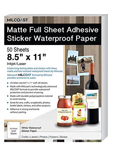 Milcoast Matte Full Sheet 8.5 x 11 Adhesive Tear Resistant Waterproof Photo Craft Paper - for Inkjet/Laser Printers - for Stickers, Labels, Scrapbooks, Bottles, Arts, Crafts (50 Sheets)