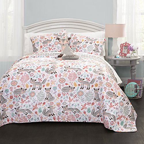 Lush Decor Pixie Fox Reversible Quilt Set, 4 Piece Set, Full/ Queen, Gray & Pink - Fun Lightweight Twin Bedding for Kids - Girls Pink Bedroom Decor