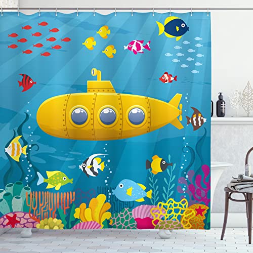 Ambesonne Yellow Submarine Shower Curtain Set, Coral Reef with Colorful Fish Ocean Life Marine Creatures Tropical Kids, Fabric Bathroom Decor with Hooks, 70 Inches, Blue Yellow Pink