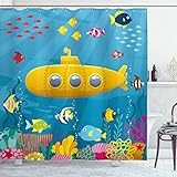 Ambesonne Yellow Submarine Shower Curtain, Coral Reef Colorful Fish Ocean Life Marine Creatures Tropic, Cloth Fabric Bathroom Decor Set with Hooks, 69" W x 70" L, Blue Yellow Pink