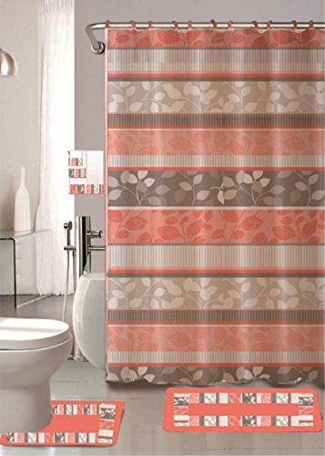 WPM Zen Peach 18-piece Bathroom Set: 2-rugs/mats, 1-fabric Shower Curtain, 12-fabric Covered Rings, 3-pc. Decorative Towel Set