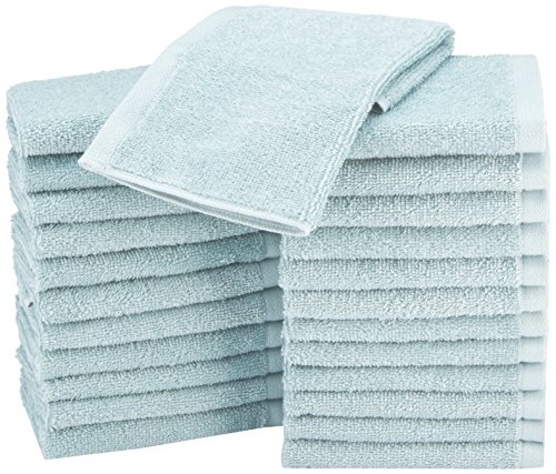AmazonBasics Fast Drying, Extra Absorbent, Terry Cotton Washcloths, Ice Blue - Pack of 24