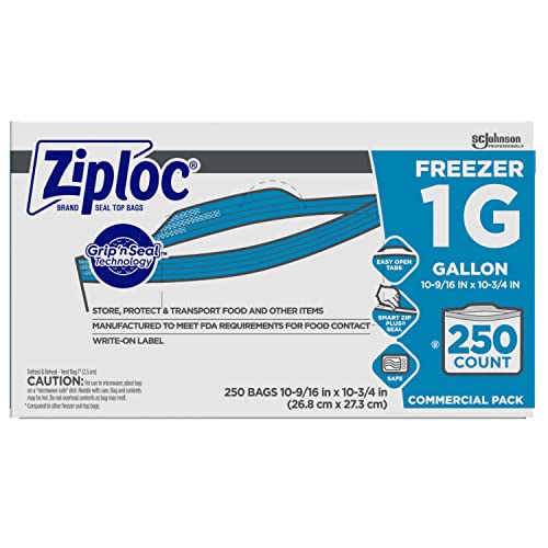 SC Johnson Professional Ziploc Freezer Bags, For Food Organization and Storage, Double Zipper, Gallon, 250 Count