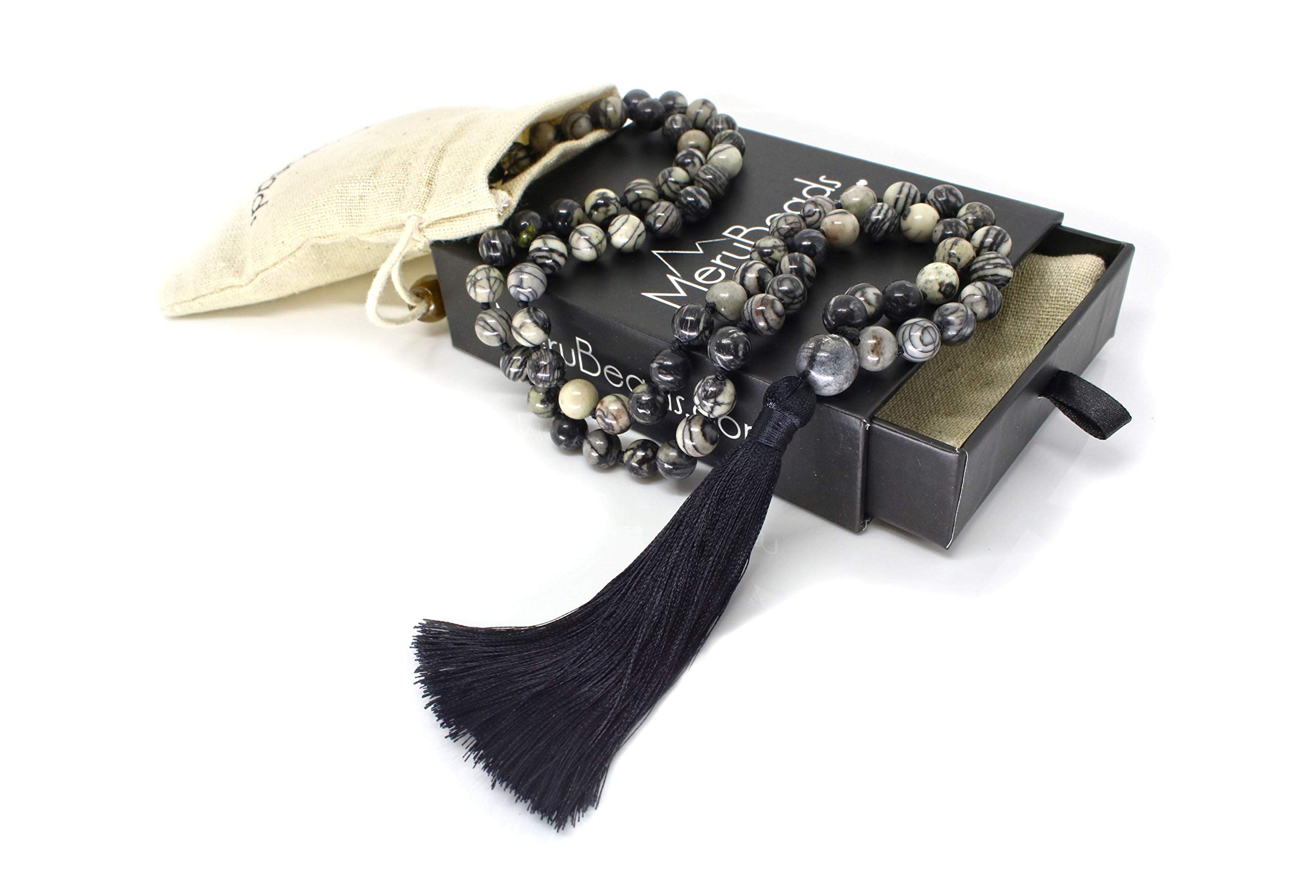 Premium Mala Beads Necklace - 8mm Mala Necklace - Japa Mala - 108 Mala Necklace for Meditation - Mantra Meditation Necklace - Birthstone Necklace Black Veined Jasper