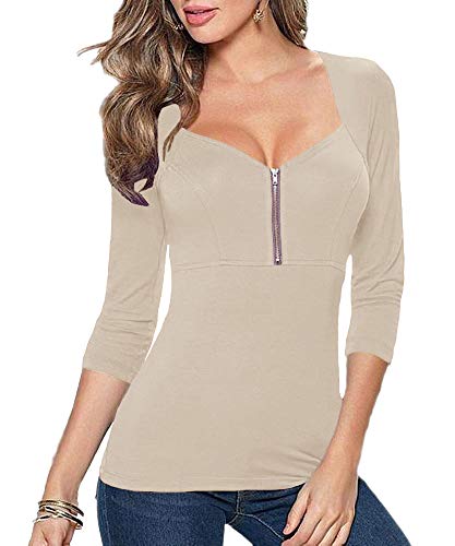 Afibi Womens Square Neck Zip Up Front Empire Waist Blouse Tees Tops