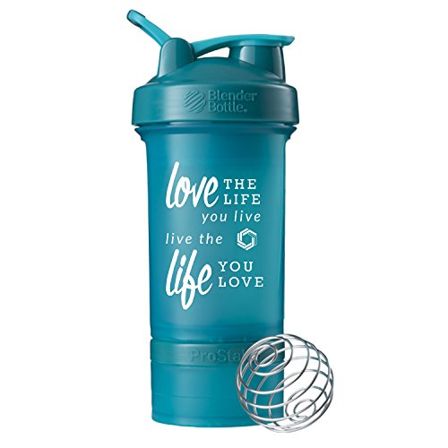 Book Cover GOMOYO Motivational Quotes on Blender Bottle Brand ProStak Shaker Cup, 22 Ounce Protein Shaker Bottle with BlenderBall Whisk and Two Twist n' Lock Attachable Containers (Love Life - Teal)