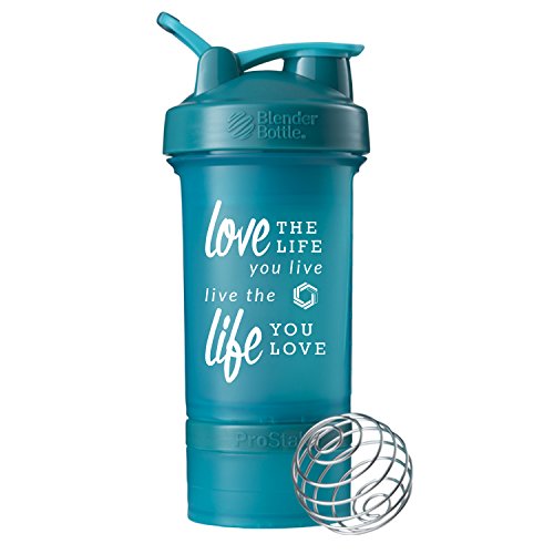 GOMOYO Motivational Quotes on Blender Bottle Brand ProStak Shaker Cup, 22 Ounce Protein Shaker Bottle with BlenderBall Whisk and Two Twist n' Lock Attachable Containers (Love Life - Teal)