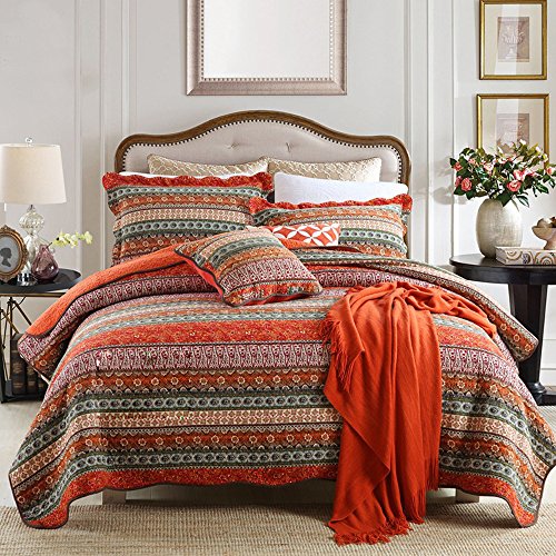 Book Cover NEWLAKE Striped Classical Cotton 3-Piece Patchwork Bedspread Quilt Sets, Queen Size