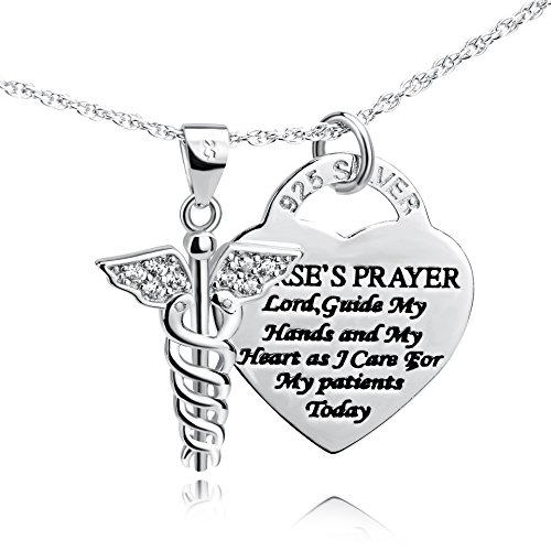 YFN 925 Sterling Silver Medical Caduceus Angel Nursing Themed Pendant Necklace 18"