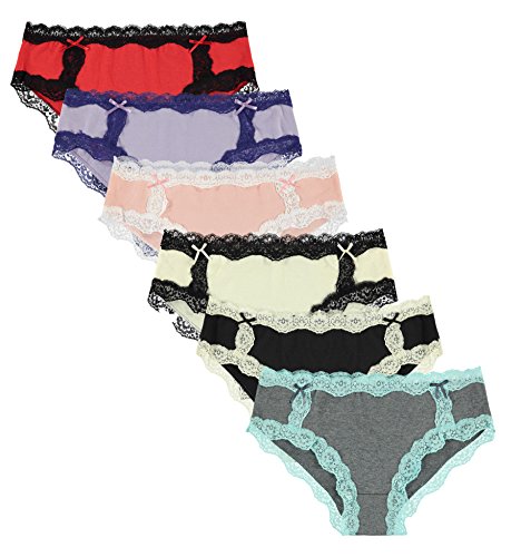 Free to Live 6 Pack Women's Colorful Lace Underwear, Trim Hipster Cotton- Spandex Panties