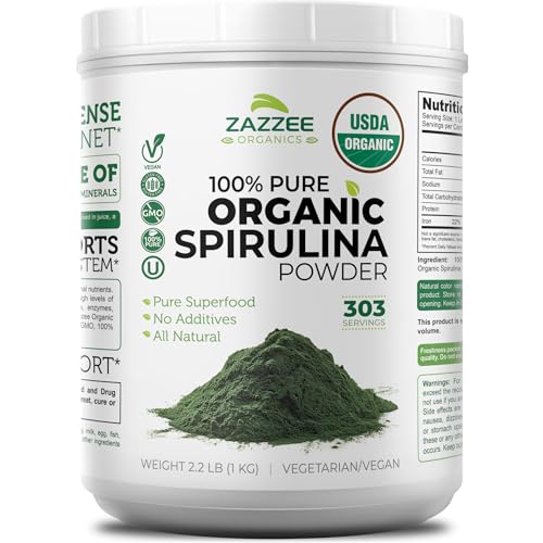 Zazzee USDA Organic Spirulina Powder 2.2 Pounds (1 KG), 303 Servings, 100% Pure and Non-Irradiated, Vegan, All-Natural, and Non-GMO, Mess-Free Wide Mouth Container, Fresh Smell and Neutral Taste