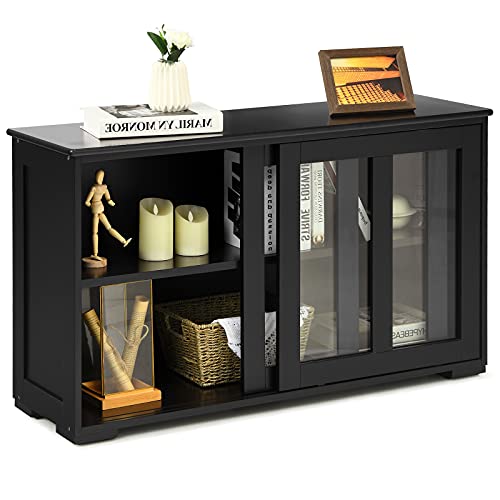 Costzon Kitchen Sideboard, Antique Stackable Storage Cabinet with Height Adjustable Shelf, Sliding Door Window, Wooden Cupboard Server Buffet Console Table for Home Dining Room Entryway (Black)