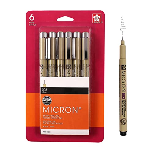 SAKURA Pigma Micron Fineliner Pens - Archival Black Ink Pens - Pens for Writing, Drawing, or Journaling - Black Ink - 003 Point Size - 6 Pack