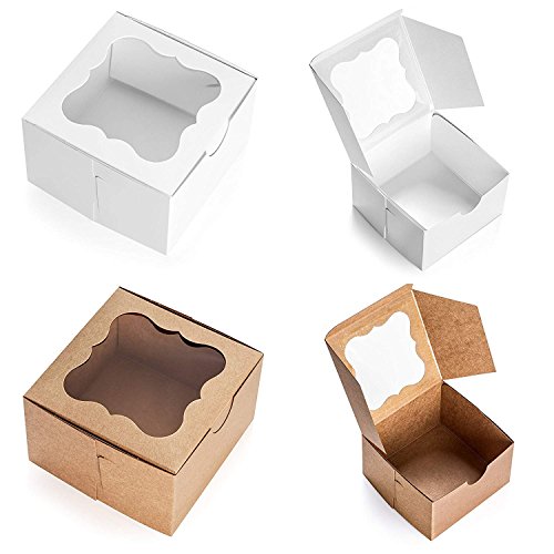 25 Pack Brown Bakery Box with Window 4x4x2.5 inch - Eco-Friendly Paper Board Cardboard Gift Packaging Boxes for Pastries, Cookies, Small Cakes, Pie, Cupcakes, and More - by Golden Coast Unlimited
