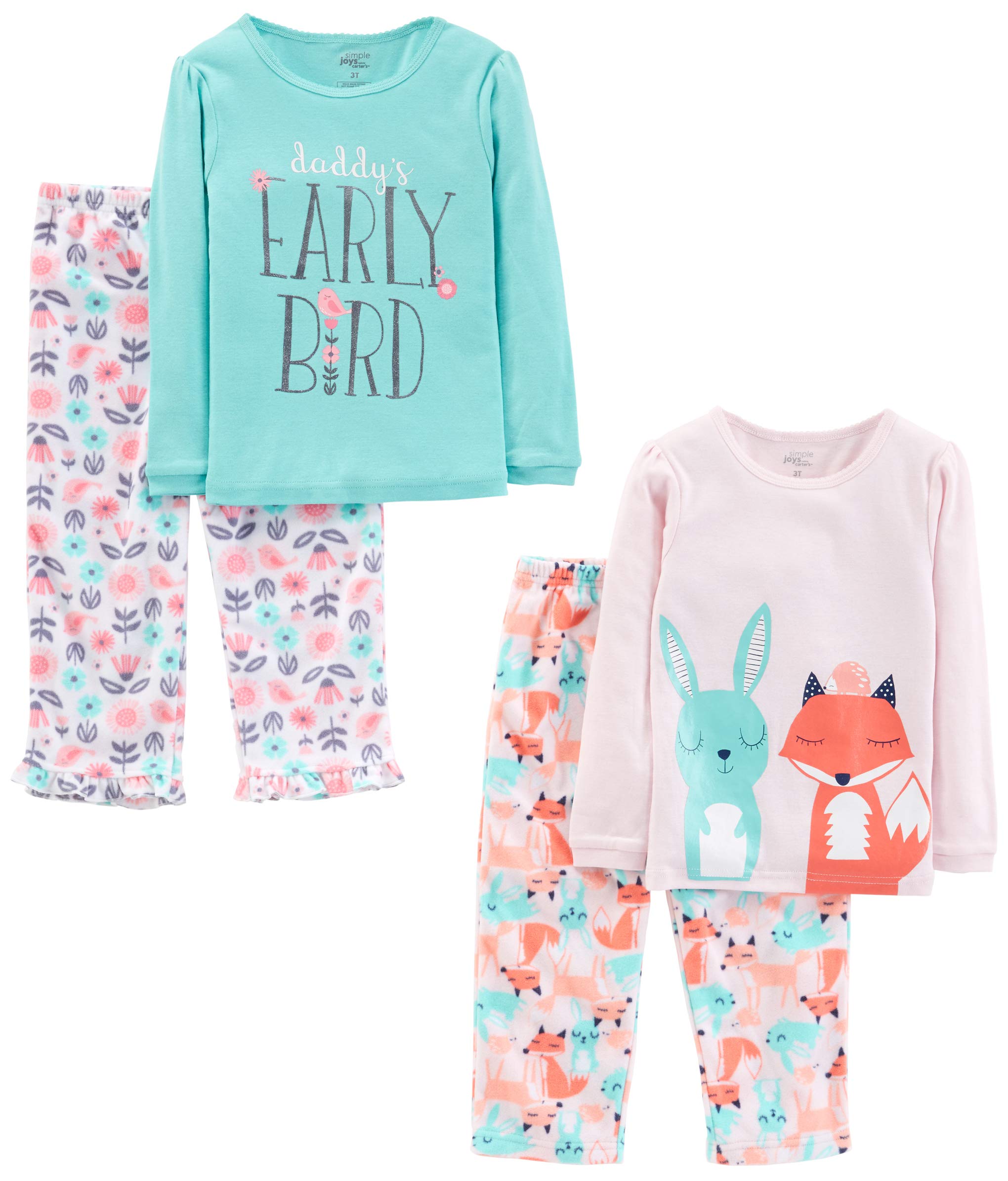 Book Cover Simple Joys by Carter's Girls and Toddlers' 4-Piece Pajama Set (Cotton Top & Fleece Bottom) 2T Bunny/Floral
