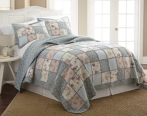 Book Cover Chezmoi Collection Abbi 2-Piece Shabby Chic Bedding Twin Quilt Set Pre-Washed Cotton Floral Coverlet Bedspread Ruffled Patchwork Quilt Twin Size