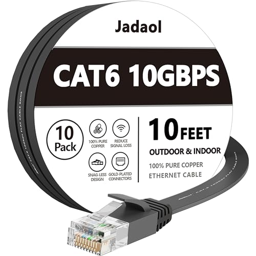 Jadaol Cat 6 Ethernet Cable 10ft 10Pack, Outdoor & Indoor, 10Gbps Supports Cat8/7 Network, Heavy Duty LAN Internet Patch Cord, Weatherproof High Speed Cable for Router, Modem, Xbox, PS4, Switch, Black