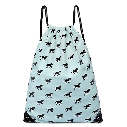 Miss Lulu Gym Drawstring Bags Lightweight Canvas Casual Backpack Horses Daypacks (Blue)