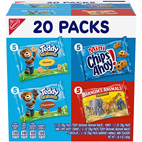 Nabisco Variety Fun Shapes Assorted Barnum's Animal Crackers, Teddy Grahams and Chips Ahoy! Mini, 1 Oz, 20 Count