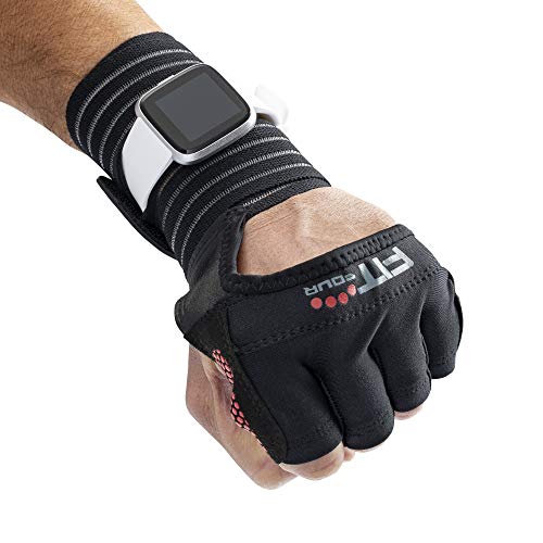 Fit Four OCR Slit Grip Gloves Obstacle Course Racing & Mud Run Hand Protection | Wrist Support with Slit for Fitness Watch (Black/Red, Large)