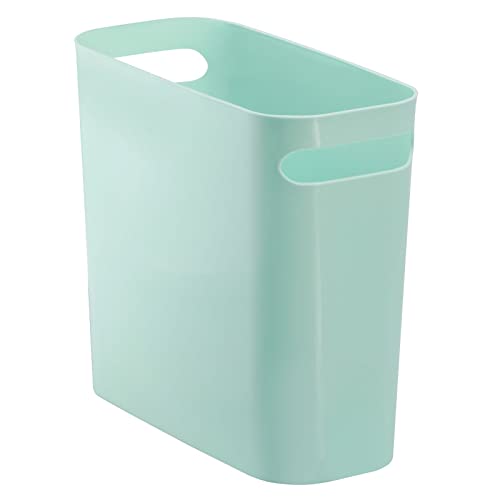 mDesign Plastic Small Trash Can, 1.5 Gallon/5.7-Liter Wastebasket, Narrow Garbage Bin with Handles for Bathroom, Laundry, Home Office - Holds Waste, Recycling, 10" High, Aura Collection, Mint Green