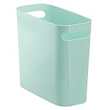 mDesign Plastic Small Trash Can, 1.5 Gallon/5.7-Liter Wastebasket, Narrow Garbage Bin with Handles for Bathroom, Laundry, Home Office - Holds Waste, Recycling, 10" High, Aura Collection, Mint Green