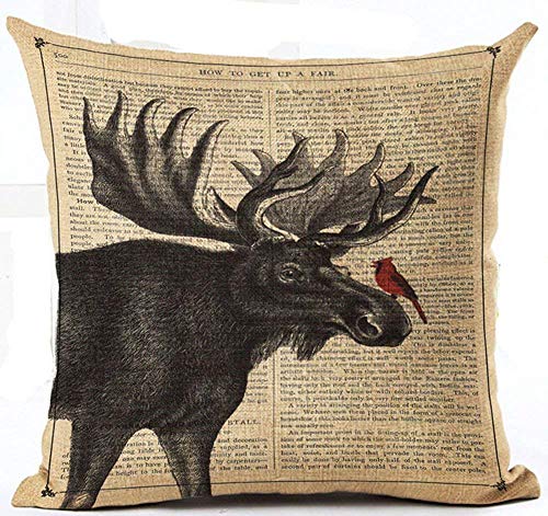 Book Cover Cotton Linen Retro Elk Page Illustration Black Sketch Holiday Moose Bucks and Butterflies Birds Pillow Covers Cushion Cover Decorative Sofa Bedroom and Living Room (5)