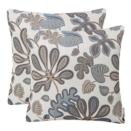 Book Cover Mika Home Set of 2 Jacquard Tropical Leaf Pattern Throw Pillow Covers Decorative Pillowcase 20X20 Inches,Blue Cream